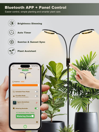 GLOWRIUM Smart Grow Lights for Indoor Plants, 48W Full Spectrum Plant Lights with Bluetooth App, Adjustable Height 47-70.9", Auto Timer, Indoor Plant Lamp for Large Tall Plants（Black 48W）