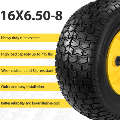 2 Pcs 16x6.50-8 Tubeless Lawn Mower Tire and Wheel, 16x6.5-8 Lawn Mower Tire, with 3/4" Bearing (extra 1" Bushing), 3-5" Offset Hub, 4-Ply Tubeless, 35 PSI, Fits Riding Mower & Lawn Tractors, 715 lbs