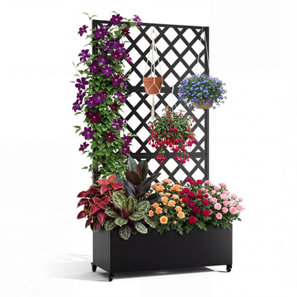 Takywep 72"x35" Black Raised Garden Bed with Diamond Lattice Trellis, Mobile Galvanized Metal Planter Box on Wheels for Climbing Plants, Vines & Flowers