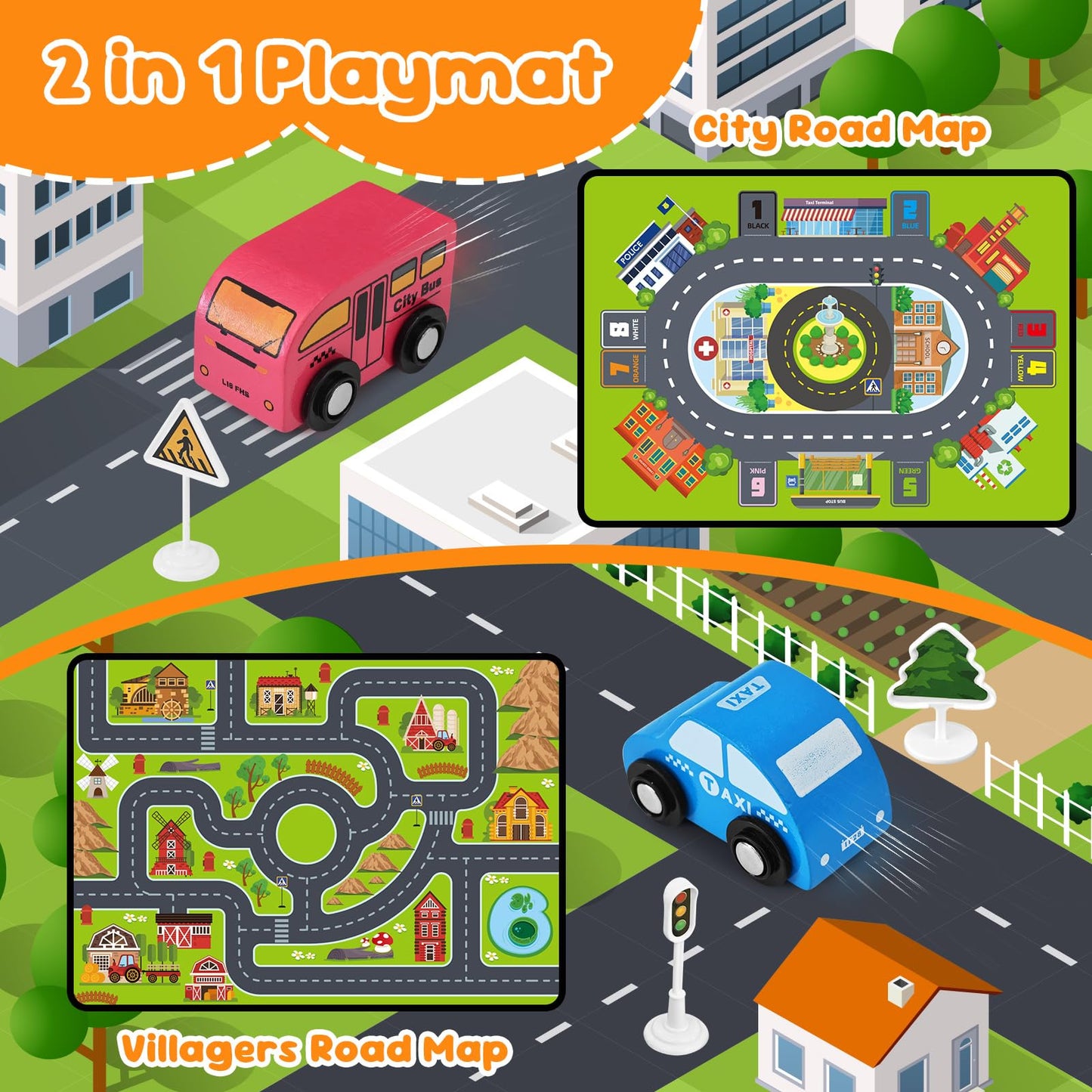 Toddler Car Toys, Toy Cars for Toddlers, Wooden Cars Toys for Toddler Boy, 22 PCS Cars and Trucks Toy Vehicles Set with Playmat, Storage Box, Wood Montessori Toys for Baby Birthday Gift