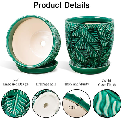 LITUDISO Ceramic Plant Pots, 6 Inch Indoor Plant pots with Drainage Hole and Saucer, Flower Pots, Leaf Embossed - Green Glaze, Set of 2
