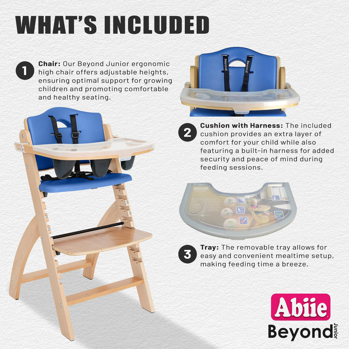 Abiie Beyond Junior Wooden High Chair for Babies and Toddlers - Convertible 3-in-1 Baby Highchair with Removable Tray - 6 Months to 250 Lb - Water Resistant - Natural Wood/Blueberry Cushion