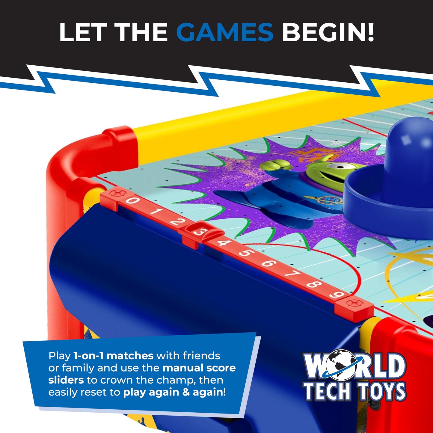 World Tech Toys Toy Story Air Hockey Table for Kids - Buzz & Woody Tabletop Game with Puck, Pushers & Air Flow System - Disney Pixar Licensed - Kids 4+