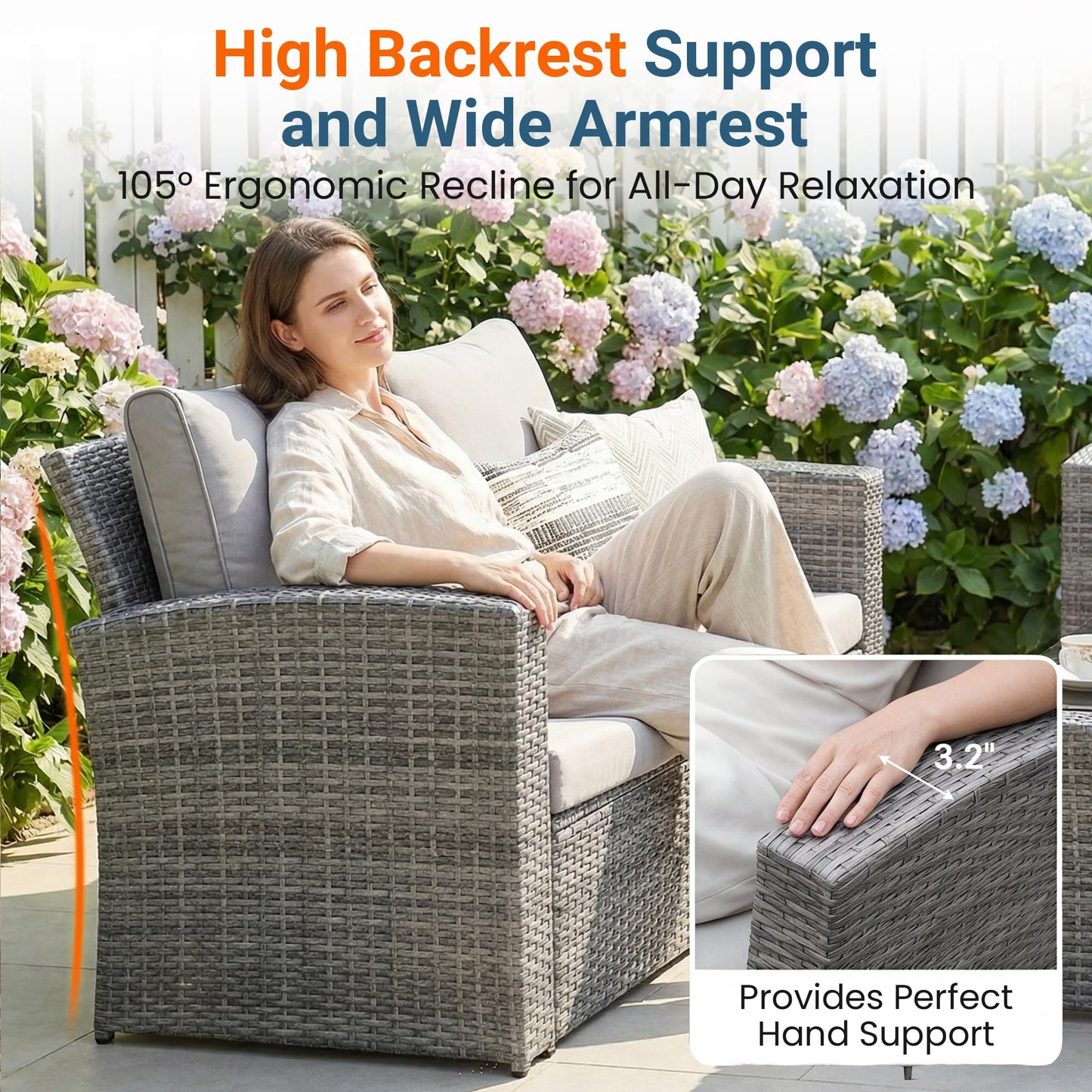 Wisteria Lane Patio Furniture Set, Wicker Outside Outdoor Furniture for All Weather, Patio Sofa with High Backrest Support and Wide Armrest for Backyard, Balcony, Deck, Porch, Light Gray