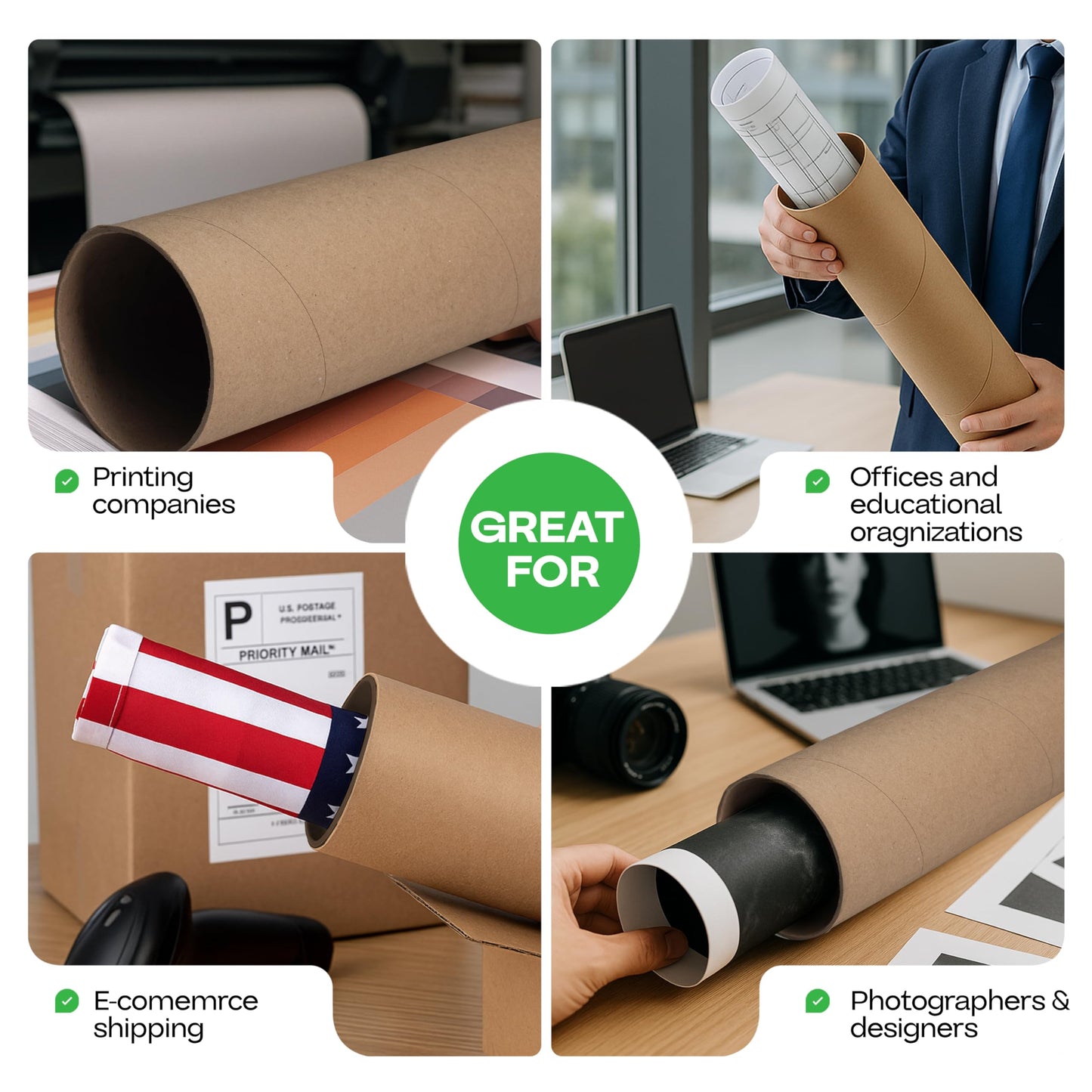 Cardboard Mailing Tubes, 4" x 24" with Plastic Caps, Pack of 2 - USA-Made USPS Approved Poster Tube for Documents & Blueprints - Reinforced Mailing Cylinders for Shipping & Storage by IDL Packaging