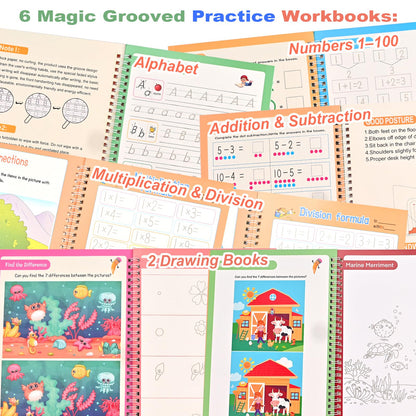 Magic Grooved Practice Copybook for Kids 3-8 - 6 Reusable Handwriting Practice Books with Pens | Letter & Number Tracing, Math & Drawing | Preschool & Kindergarten Workbook Set