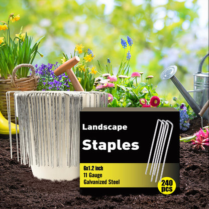 HongWay 240 Pack 6 Inch Landscape Staples, Garden Stakes Galvanized Tent Stakes Heavy Duty 11 Gauge SOD Landscaping Fabric Pins Yard Ground Lawn Staples for Plant Cover, Turf, Fence, Grass Decoration