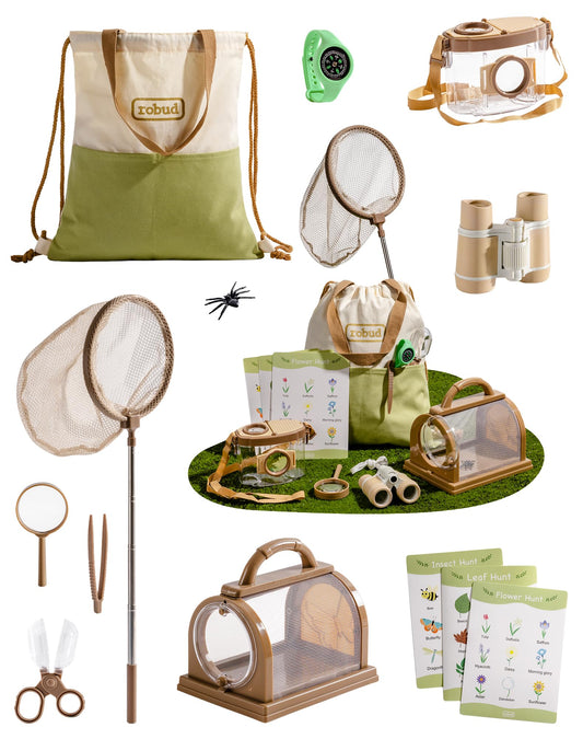ROBUD Upgraded Kids Explorer Kit, Bug Catcher Kit with Wild Adventure Binoculars, Green Outdoor Exploration Set for Camping, Montessroi Toy for Kids Coming Closer to Nature，WRP30
