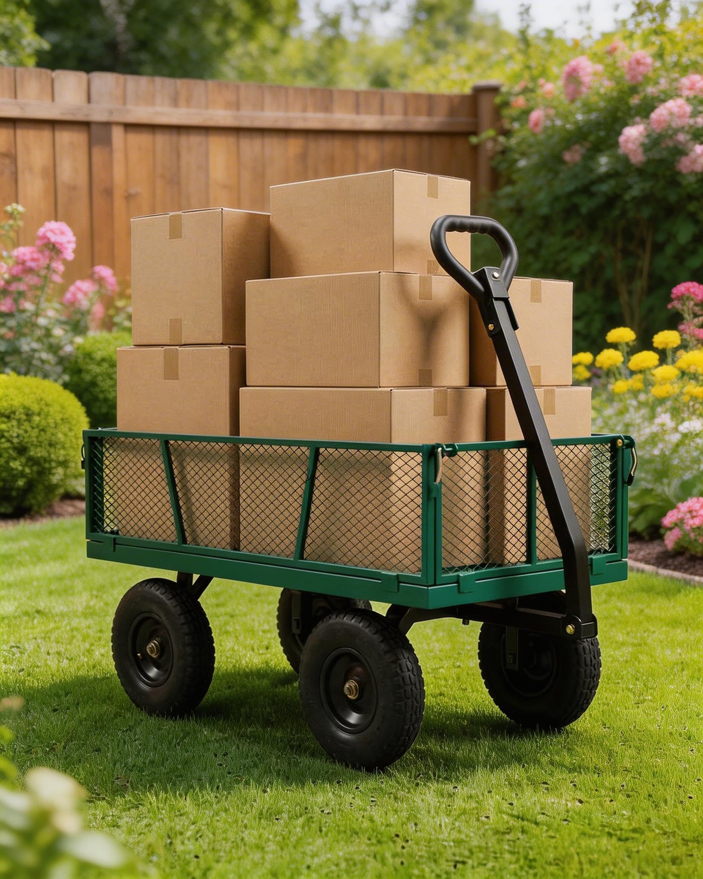 GarveeTech 1000LBS Heavy Duty Steel Garden Cart, Garden Wagon Cart on Wheels, Metal Yard Utility Wagon with Removable Mesh Sides, 13" All Terrain Tires, 180° Rotating Handle for Lawn, Garden, Farm