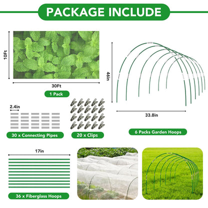 Garden Netting Kit for Raised Beds, 10x30FT Ultra Fine Mesh Netting ＆6 Sets Fiberglass Garden Hoops, Insect Netting for Garden Plant Row Cover Vegetable Flowers Protection Barrier
