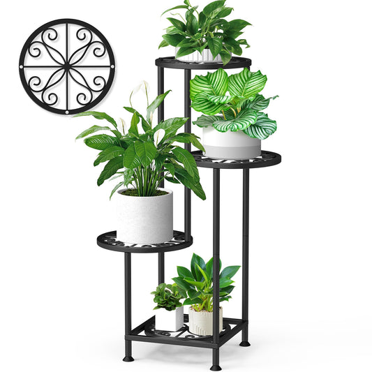 YOCOMEY 4 Tier Plant Stand Indoor Outdoor, Metal Flower Shelf Display Holder, Multiple Plants Corner Tall Flower Holders for Patio Balcony Porch Garden Living Room (Black)
