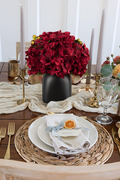 Briful Hydrangea Artificial Flowers in Ceramic Black Vase, Burgundy Silk Hydrangea Centerpieces for Tables, Realistic Dining Table Vase with Flowers for Farmhouse Home Decor Indoor