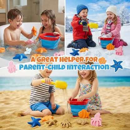Cozycharm Beach Sand Toys Set for Toddlers, Portable Travel Beach Toys with Collapsible Bucket, Shovel, Rake, 3 Molds & Mesh Storage Bag for Kids, Summer Gift