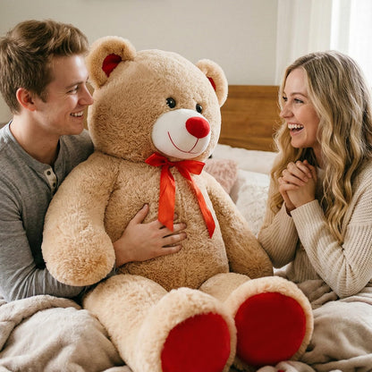 WENMOTDY Giant Teddy Bear 4ft Stuffed Animal Big Teddy Bear Plush with Red Ribbon Bow and Paw Pads Plush Toy for Girlfriend Lover Mom Kids Anniversary Valentines Birthdays Gifts 48 inch Tan