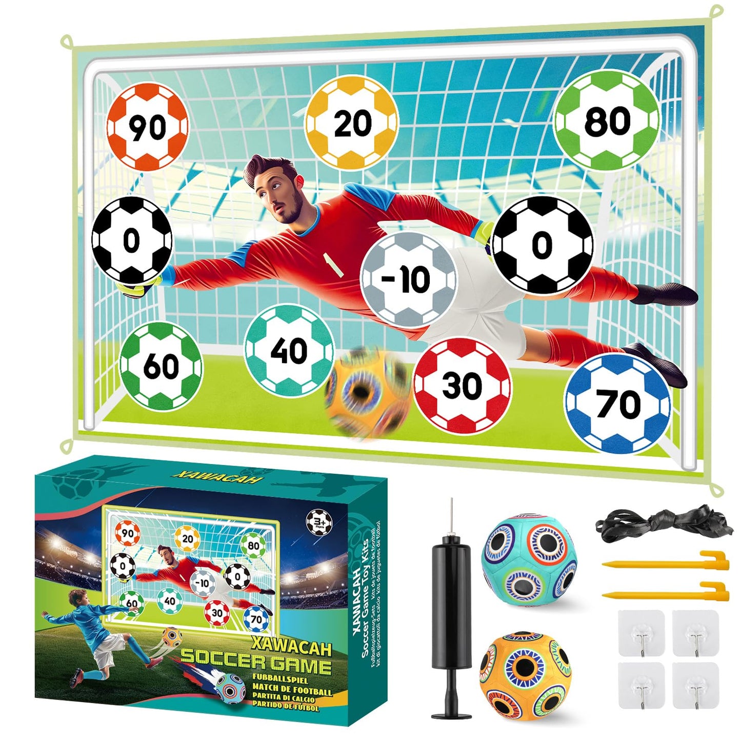 𝗫𝗔𝗪𝗔𝗖𝗔𝗛 Toy Soccer Ball Game Set for Kids ages 3-6, Indoor Outdoor Backyard Toss Soccer with 2 Sticky Balls & Foldable Fabric Goals, Football Sports Toy Gifts for 3 4 5 6 Years Old Boys Girls