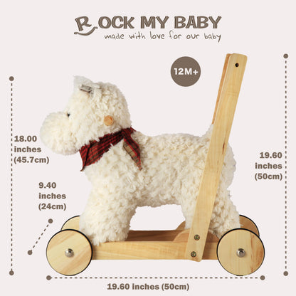 Rock My Baby Wooden Baby Walker, Baby Push Walker with Wheels for 12M+, Toddler Learning to Walk Toy with Sweet Music ＆ Animal Seat 2 in 1 Sit-to-Stand Walker Toy Gift for Boy Girl (Scottie Dog)