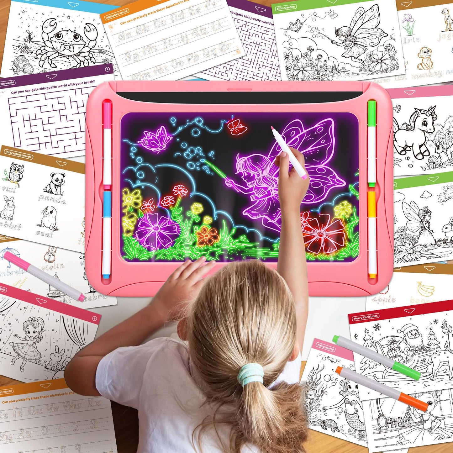 Magic LED Drawing Board for Kids, Girl Toys for Ages 5-7, Christmas Birthday Gifts, Light Up Tracing Pad, 9 Double-Sided Cards, 6 Markers, Neon Effect Doodle Writing Tablet, Arts Crafts Learning Toy