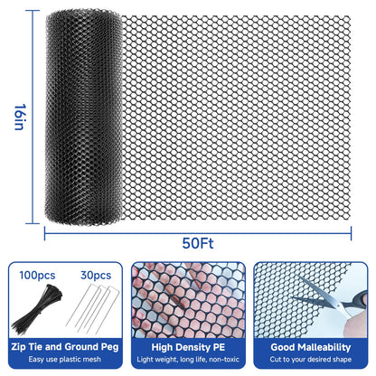Plastic Chicken Wire Mesh Roll, 16INx50FT Black Chicken Wire Fencing Poultry Netting Garden Fence for Chicken Coop, Cat Balcony Protection Pet Barrier Plant Protectors from Animals Temporary Fencing
