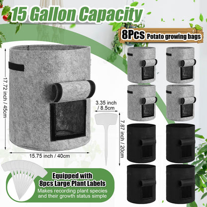 Yoojahow 8 Pcs 15 Gallon Potato Grow Bags Garden Planting Bag Vegetable Grow Bags with Flap and Handle Thickened Nonwoven Fabric Pots Thick Fabric Garden Containers for Potato Tomato Vegetables