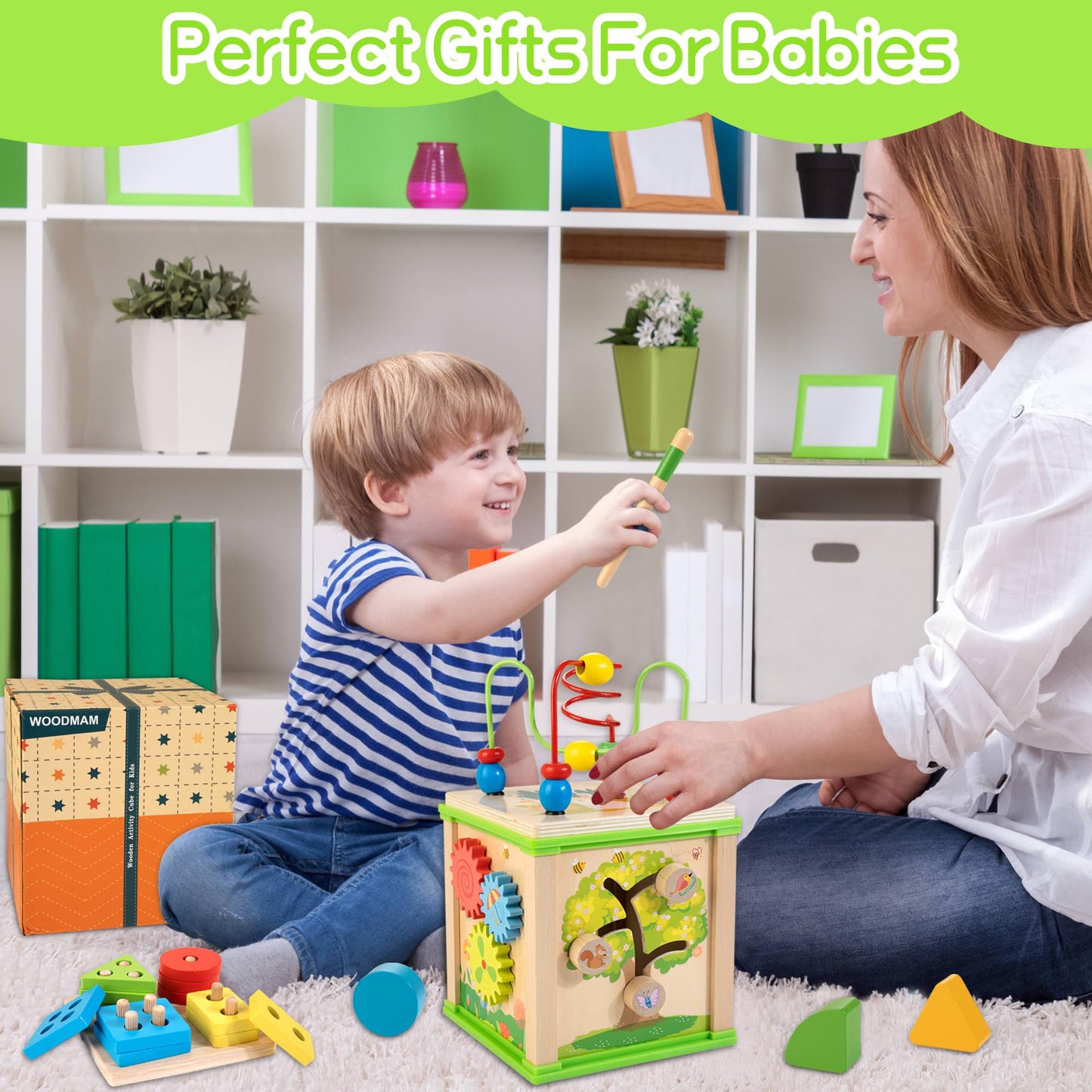 WOODMAM Wooden 7-in-1 Activity Cube| Montessori Toys for 1 Year Old Toddlers| Baby Educational Developmental Toys |One Year Old Boys Girls First Birthday Gifts |Bonus Sorting & Stacking Board