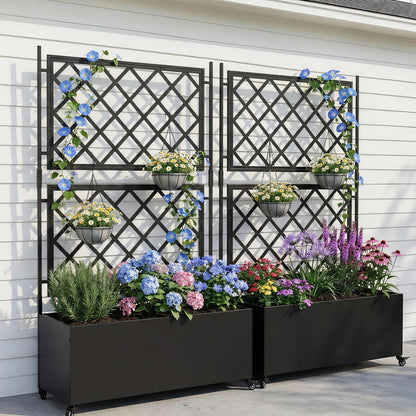 VINGLI 71″H Metal Raised Garden Bed with Trellis and Wheels, Outdoor Planter Box with Drainage Holes for Climbing Plants, Vegetables and Vines, Privacy Screen, for Patio, Backyard and Balcony, Black