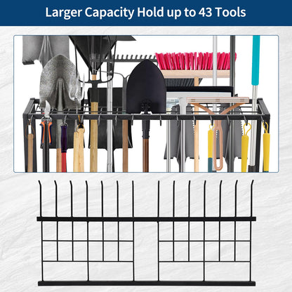 Garden Tool Organizer 2 Tier Yard Storage Rack With14 Hooks,Heavy Duty Holder With 43 Long-Handled Slots,Freestanding Tool Organizers and Storage for Yard Shed and Lawn