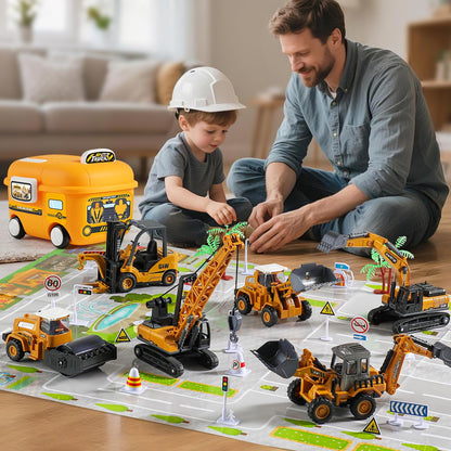 Construction Trucks Toy Set with Yellow Bus Storage and Play Mat – Alloy Inertia Driving Simulation Model Engineering Toys with Scenario Accessories – Ideal Gifts for Ages 3-8, Boys and Girls (5 in 1)