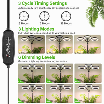 LORDEM Grow Light for Indoor Plants, 7.9" Diameter Tri-Head Plant Light for Plants Growing, Full Spectrum Growth Lamp with Auto Timer 3/6/12H, 4 Dimmable Levels, 3 Lighting Modes, Adjustable Stand