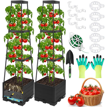 2 Packs Tomato Planter Pot with Raised Bed Trellis, 45" Tomato Cages for Climbing Vegetables, Self Watering Tomato Growing Container Planters Box for Indoor Outdoor Garden Bed Greenhouse