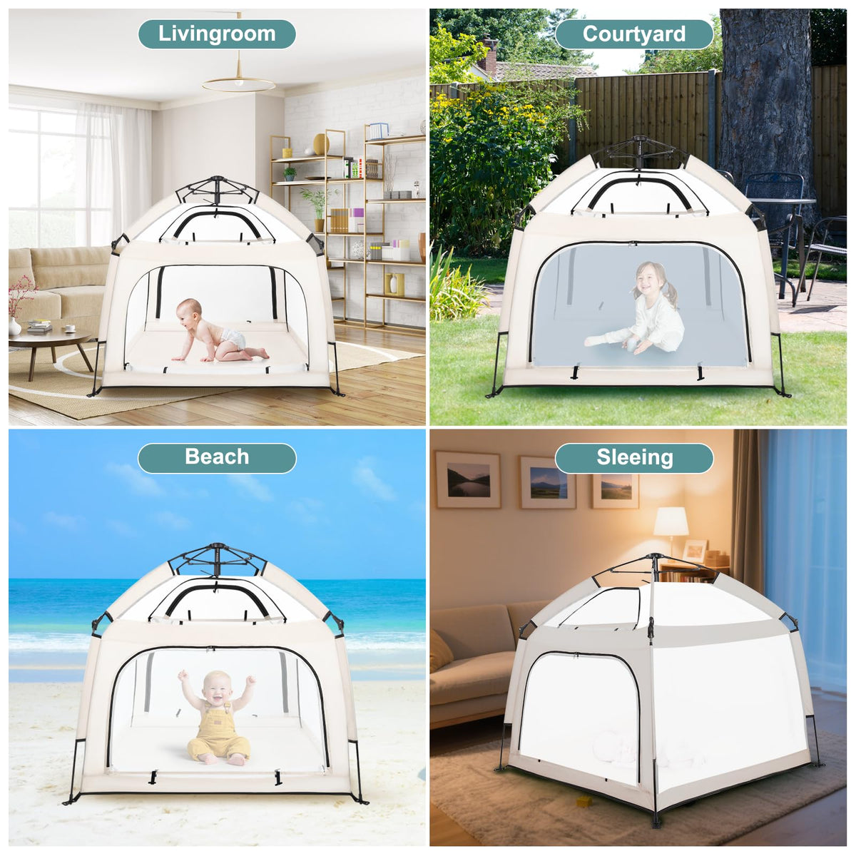 Bend River Portable Baby Playpen with Canopy, Infant Play Yard, Beach Tent, Mosquito Net for Indoor and Outdoor (Beige)