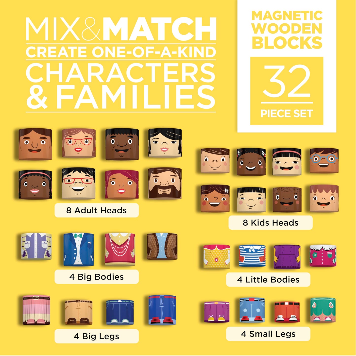 My Family Builders 32-Piece Multiracial Magnetic Family Play Set, Wooden Diversity Building Blocks for Kids, Multicultural Puzzles & SEL Toy for Toddlers & Children