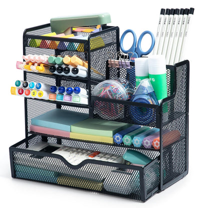 M&G Mesh Pen Holder for Desk, Multi-Functional Pencil Holder with Drawer Desk Organizer, Large Capacity Office Desk organizers and Accessories (Black)