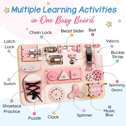 Montessori Busy Board for Baby & Toddlers 1-3 - Wooden Sensory Activity Board with 13 Activities, Real Metal Locks & Latches - Fine Motor Skills Educational Toy for 1 2 3 Year Old - Travel Friendly