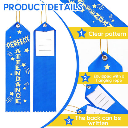 Wavwavw 100 Pcs Perfect Attendance Ribbons Bulk 8" x 2" Prizes Ribbons with Event Card and String Award Prize Gift for Tournaments Competitions Party Classroom Home Study Supplies