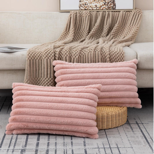 ZLINA Set of 2 Baby Pink Faux Fur Decorative Throw Pillow Covers Fluffy Striped Pillowcase Cushion Covers 12 x 20 Inch Decor Sofa Couch Bedroom