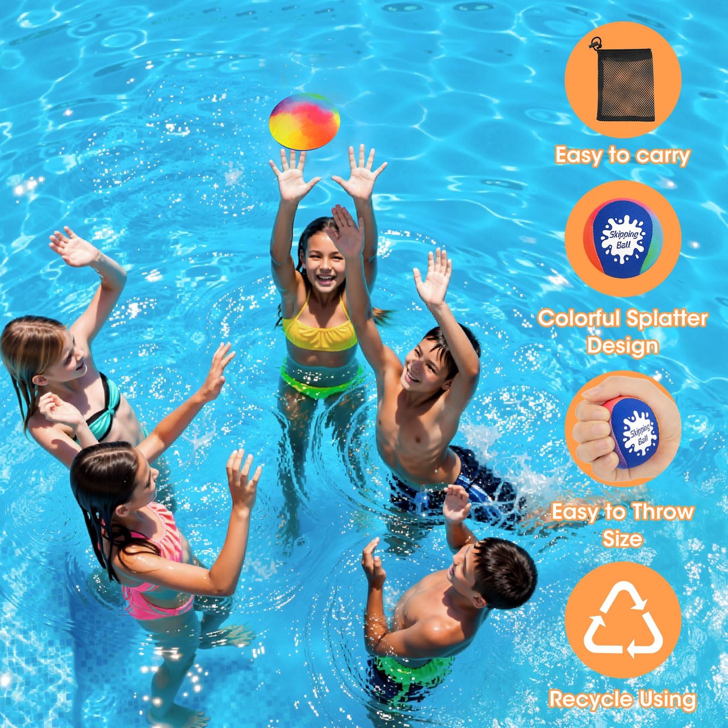 Korlon Skipping Water Ball, 4 Pack Water Bouncing Balls for Pool, Colorful Pool Toys for Swimming Game Summer Fun Lake Beach, Water Balls Toys with Mesh Bag