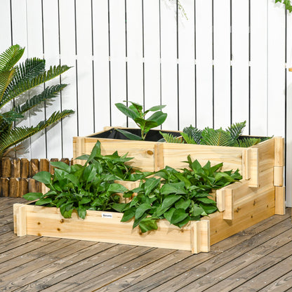 Outsunny 3-Tier Raised Garden Bed with 5 Compartments and Bed Liner, Fir Wood Elevated Planter Box, for Vegetables, Herbs, Outdoor Plants, 37 x 37 x 14in, Natural