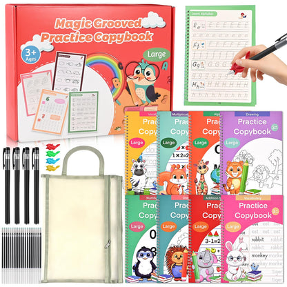 Grooved Handwriting Practice Books for Kids Ages 3–8, Reusable Tracing Workbooks with Deep Grooves – Letters, Numbers, Math, Drawing & Words – Disappearing Ink Pens, Pencil Grips & Storage Bag
