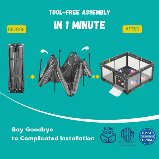 ICAREWAY Foldable Playpen for Babies and Toddlers, 50x50 Inches Portable Playpen, Kids Collapsible Play Pen with 2 Handlers, Indoor & Outdoor Baby Fence Play Area with Visible Mesh, Dark Gray