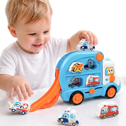 iPlay, iLearn Toddler Bus Toy W/ 3D Matching Puzzle & Car Slide, Baby Musical Push Go Car W/Sound, Montessori Learning Vehicle Match Game, Birthday Gift 18 24 Month 1 2 3 Year Old Infant Kid Boy Girl