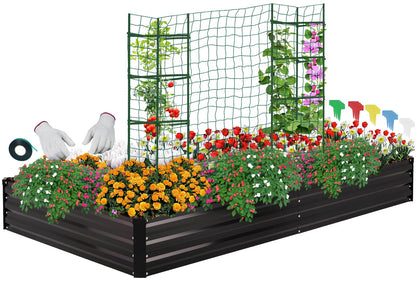 ONCEMORE Galvanized Raised Garden Bed for Vegetables Flowers Herbs, Metal Raised Garden Bed Kit with 2 PCS Tomato Cage, Gloves, Trellis Netting, Plant Labels, Plant Ties, Black 6×3×1FT