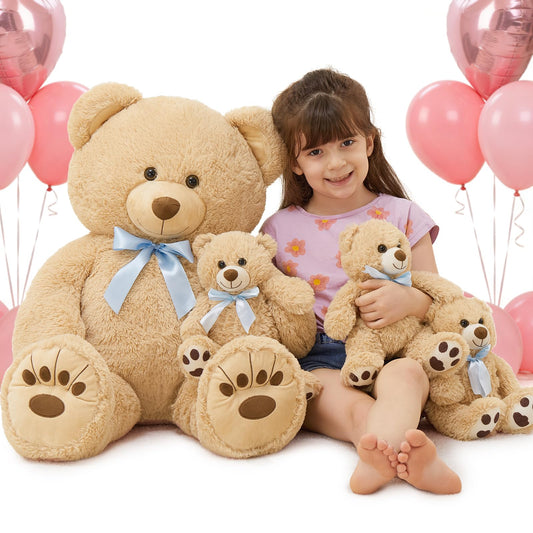 MorisMos Giant Teddy Bear Stuffed Animal with Baby Bears,35.4'' Big Mommy Stuffed Bear,3 Small Bulk Teddy Bear Stuffed Animals for Baby Shower Birthday, 4-Pack Brown Bear Toys for Kids Mom Girlfriends