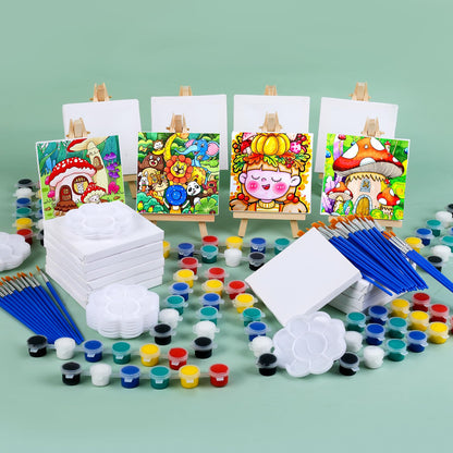 ESRICH 20 Set Mini Canvas Painting Kit, Minis Acrylic Paint Set, Valentines Day Gifts,4*4in Stretched Canvas with Easel, Acrylic Paints,Brushes,Palette,Mini Easel Canvas for Kids Adults Painting Party