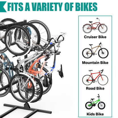 EVERHANGER Freestanding Bike Stand Rack with Adjustable Hooks, Vertical Bike Stand for Garage, Bicycle Storage Organizer, Holds Up to 7 Bikes & 7 Helmets