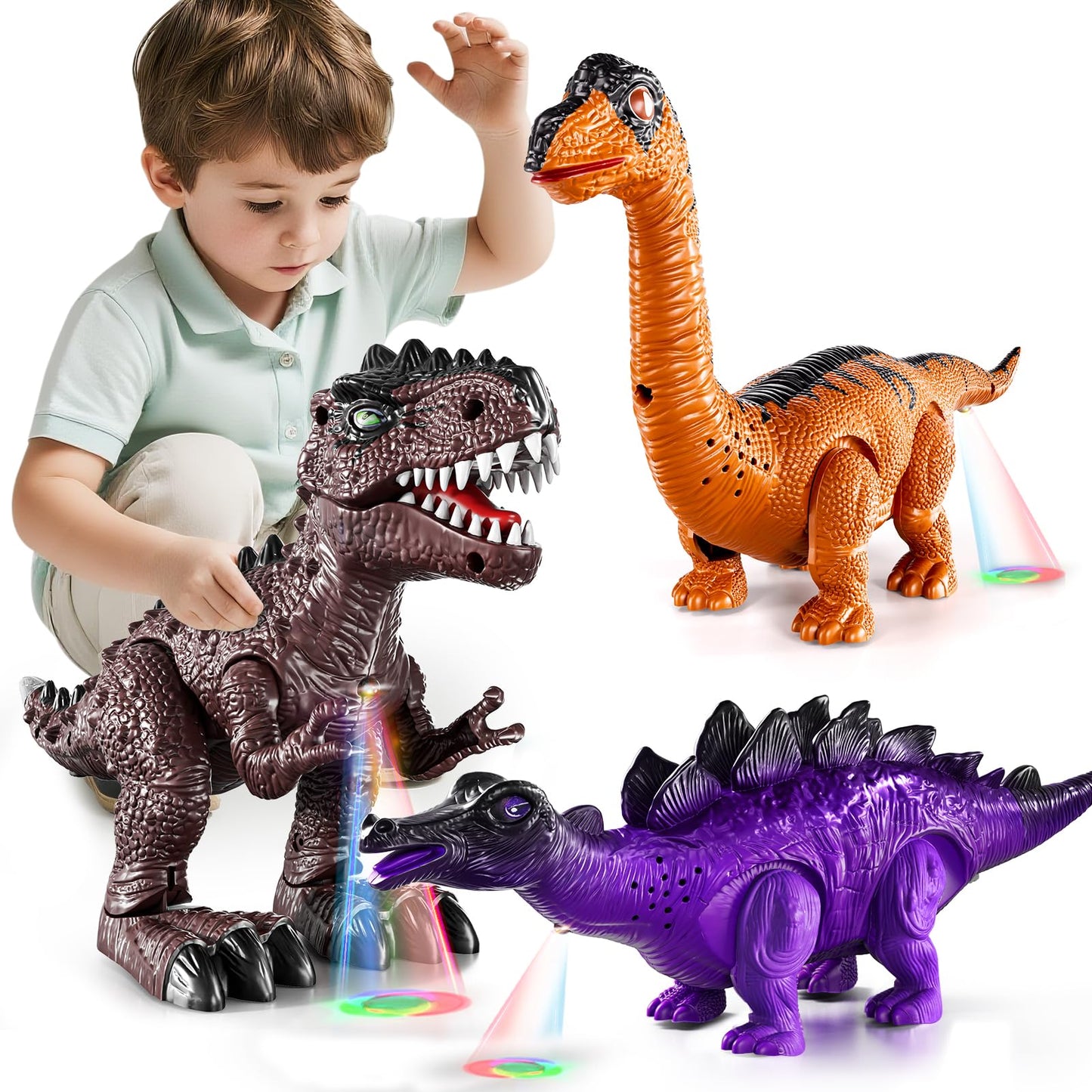 Lucky Doug 3 Pack Electric Realistic Dinosaur Toys with Simulated Sounds ＆ Lights for Boys Kids Aged 3 4 5 Years Old - Perfect Jurassic Tyrannosaurus Rex Gift for Birthday 3-5 Years