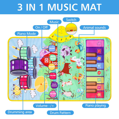 Musical Farm Animals Sounds Piano Mat for Kids, Sensory Educational Learning Toy with Drumset for Toddlers, Interactive Floor Touch Play Mat Dancing Keyboard Carpet for 1-5 Year Old Boy Girl Gifts
