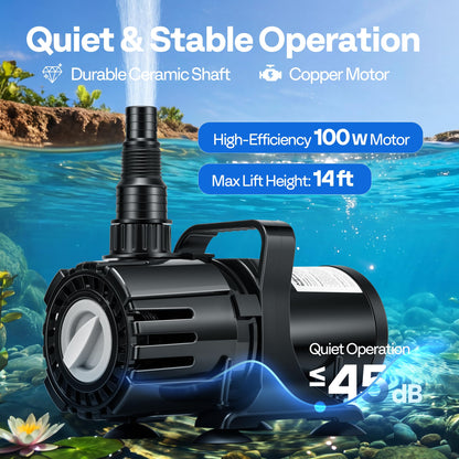 VIVOHOME 100W Adjustable Flow Submersible Water Pump, 700-1800GPH Stepless Flow Control, 14ft Max Lift, 180° Seamless Adjustable Nozzle and Barrier Pump Bag for Pond, Aquarium, Fountain, Waterfall
