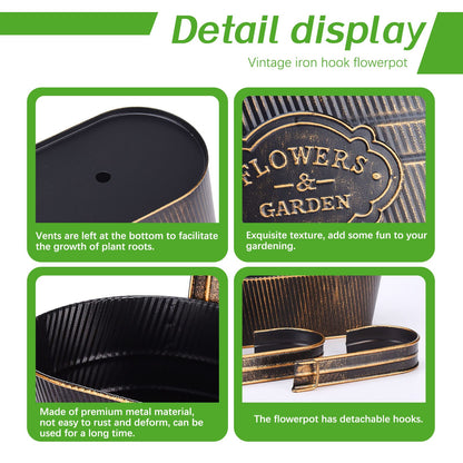 PerGar 3 Pack Metal Railing Planter Box Outdoor, 10.6" Hanging Flower Pots with Detachable Hooks & Drainage Holes, Rail Planter Boxes for Balcony Deck Porch Fence Garden Home Decoration, Black