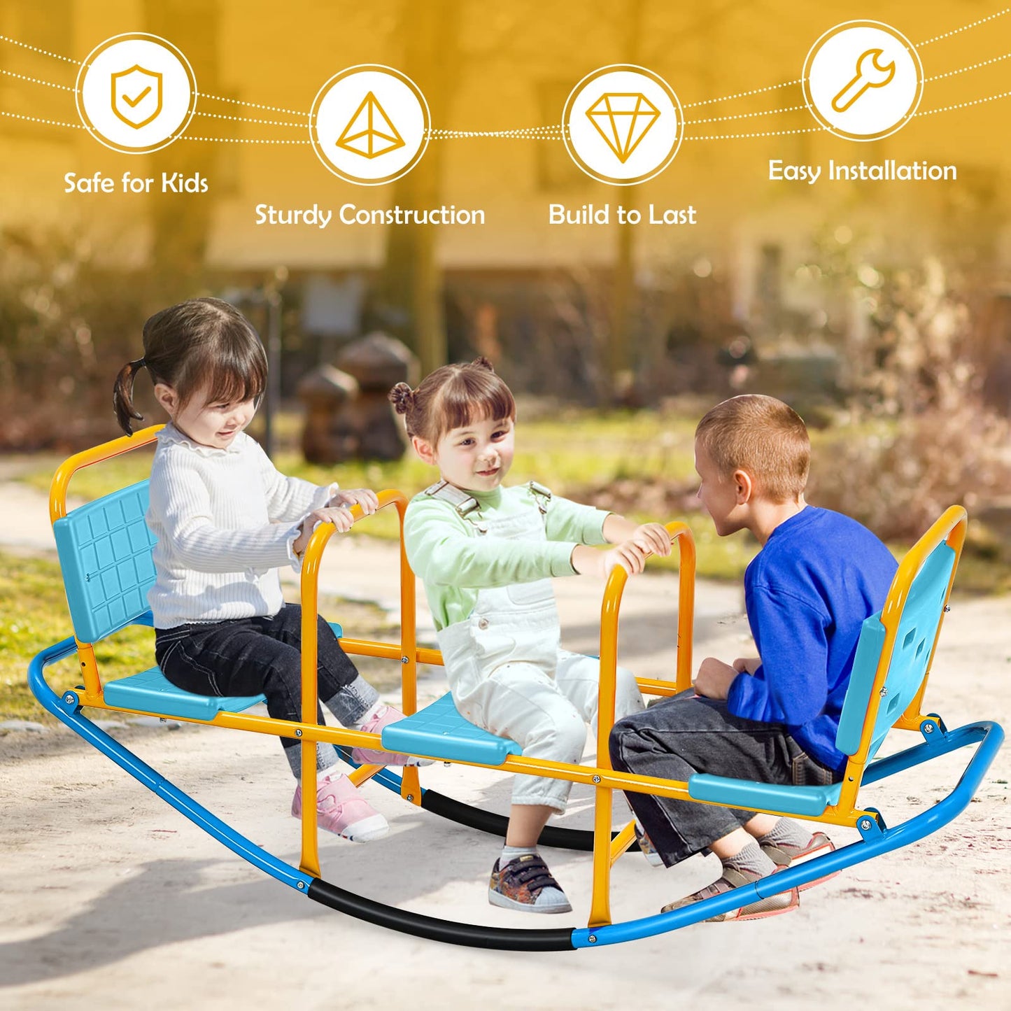 Costzon Teeter Totter Seesaw for Kids Outdoor, 2 in 1 Metal Rocking Seesaw for Toddlers with Easy-Grip Handles, Indoor Outdoor Rocker Toy Gifts for Ages 2-5, 1-3 Person Home Preschool Backyard See Saw