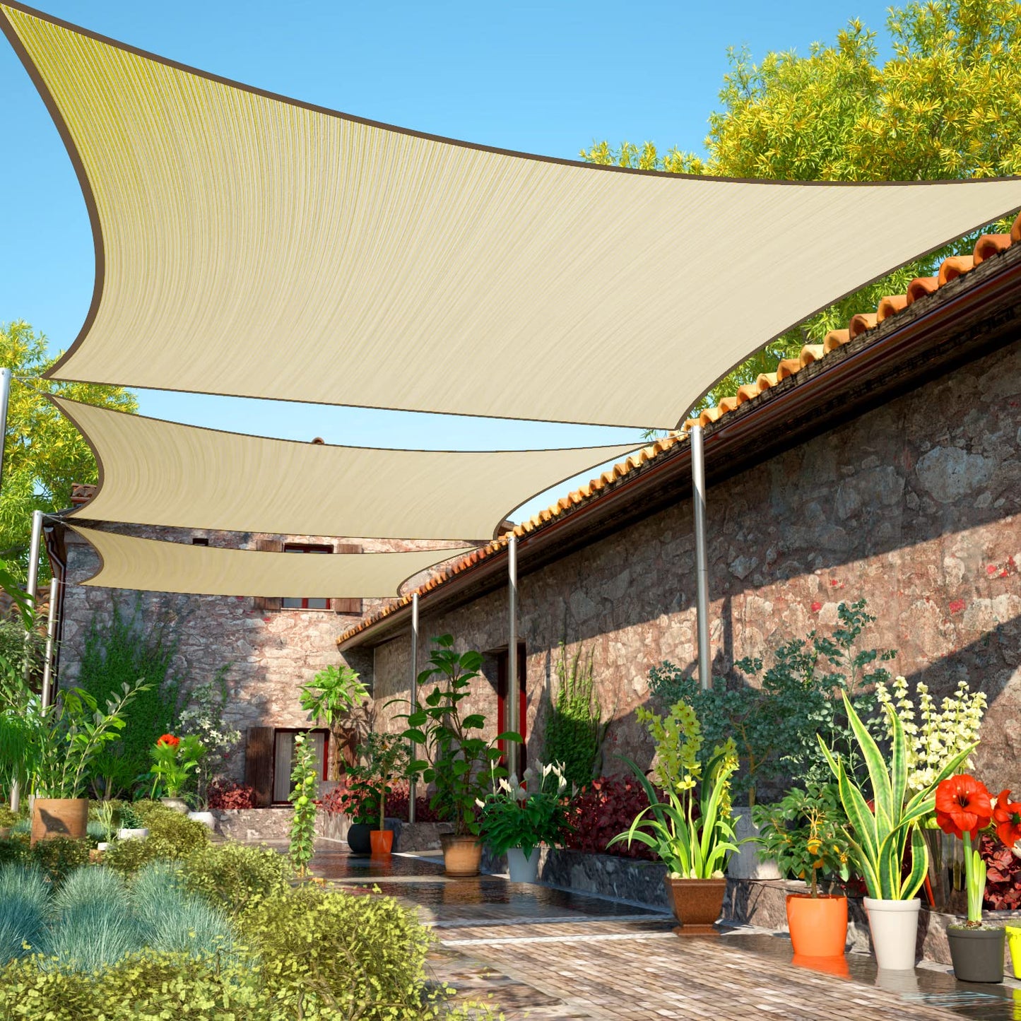 ShadeMart 12' x 20' Beige Sun Shade Sail Rectangle Canopy Fabric Cloth Screen, Water and Air Permeable & UV Resistant, Heavy Duty, Carport Patio Outdoor - (We Customize Size) SMSL